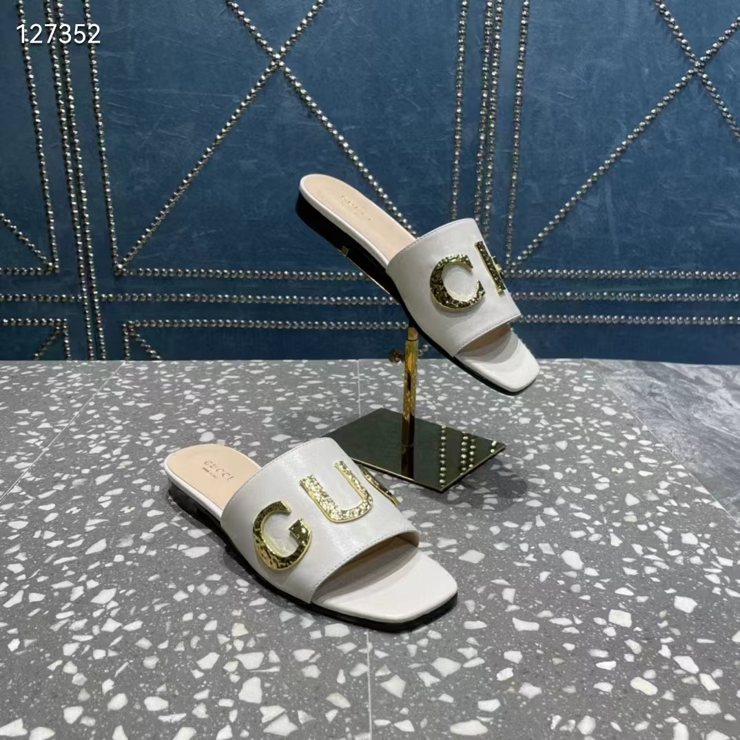 Gucci Women GG Slide Sandal White Leather Textured Logo Star Flat 1 Cm Heel