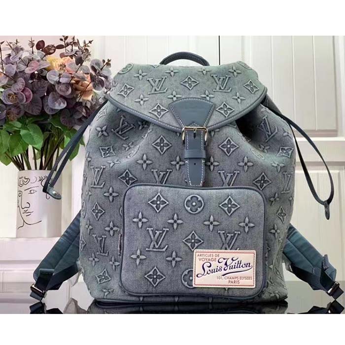 Louis Vuitton LV Unisex Montsouris Backpack Monogram Washed Denim Coated Canvas Cowhide Leather