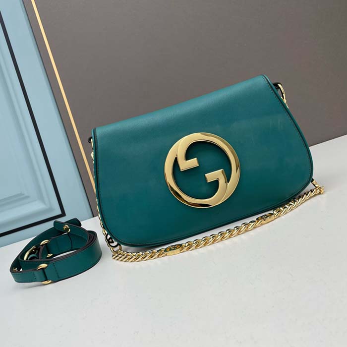 Gucci Women GG Blondie Shoulder Bag Deep Blue Suede Interlocking G