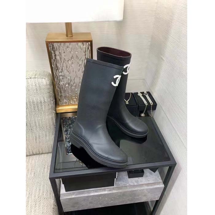 Chanel Women CC High Boots Caoutchouc Leather Black