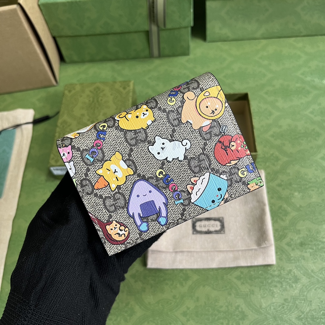 Gucci Unisex GG Animals Print Card Case Wallet Beige Ebony GG Supreme Canvas