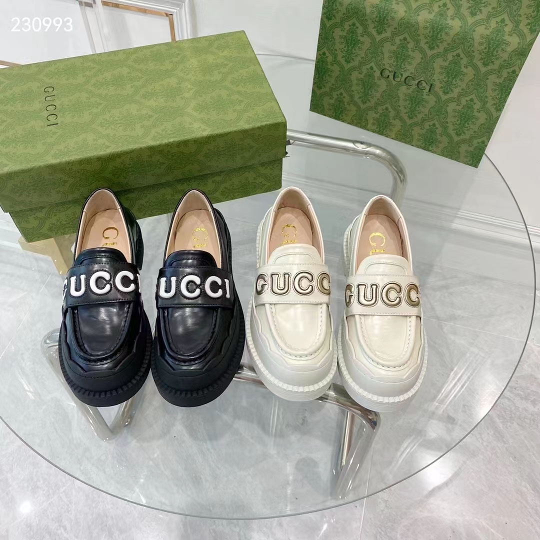 Gucci GG Women Gucci Loafer White Metallic Leather Scalloped Script Rubber Sole Mid-Heel