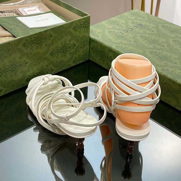 Gucci Women GG Strappy Sandal Bamboo White Leather Bamboo Low Heel