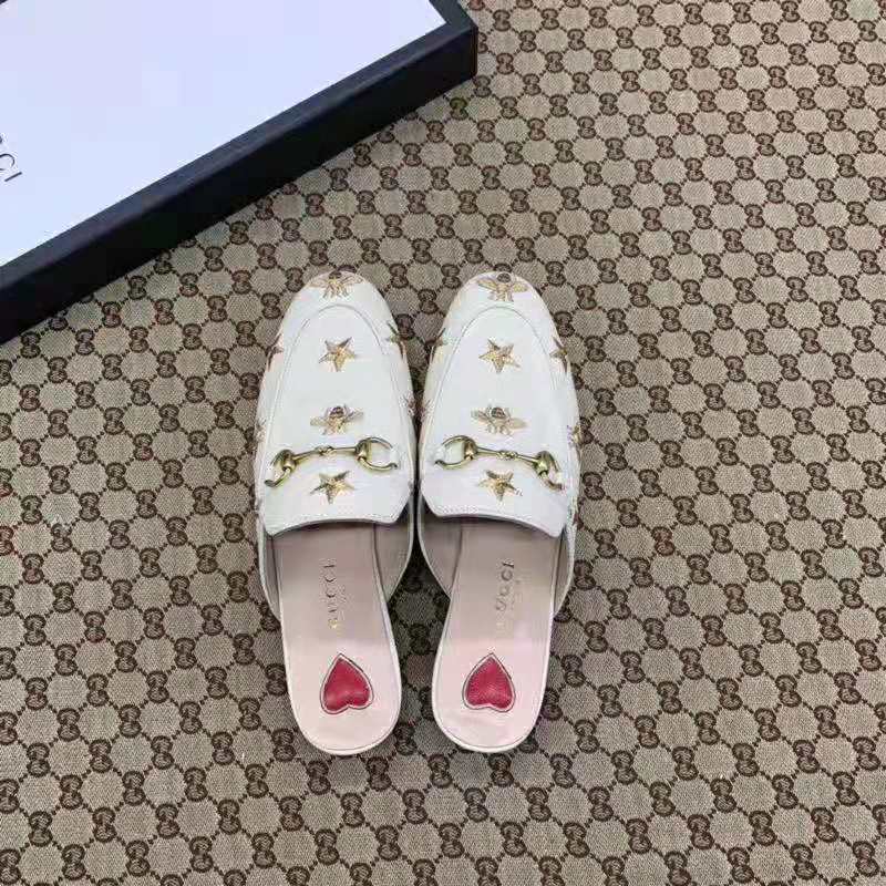 Gucci Women Princetown Embroidered Leather Slipper 1.27cm Heel-White
