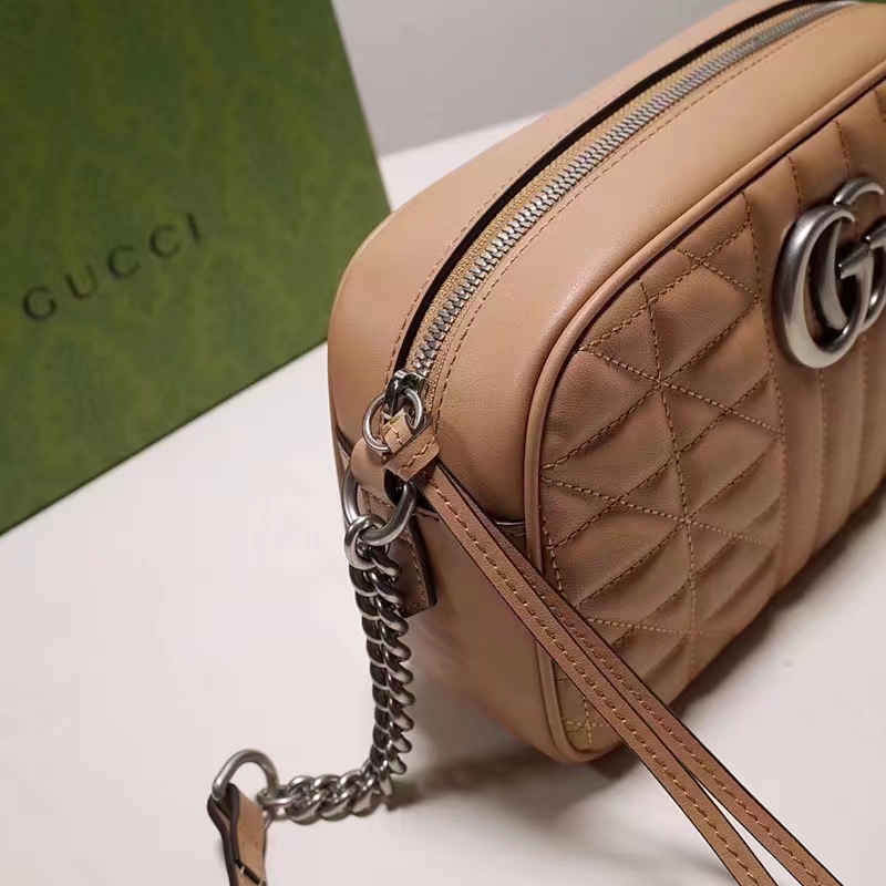 Gucci Women GG Marmont Small Shoulder Bag Beige Matelassé Leather