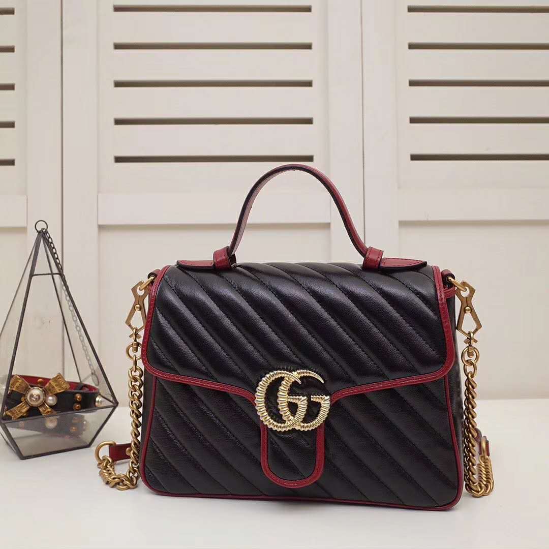 Gucci GG Women GG Marmont Small Top Handle Bag in Black Diagonal Matelassé Leather