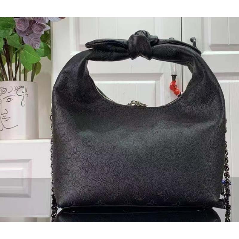 Louis Vuitton LV Unisex Why Knot MM Handbag Galet Black Perforated Mahina Calf Leather