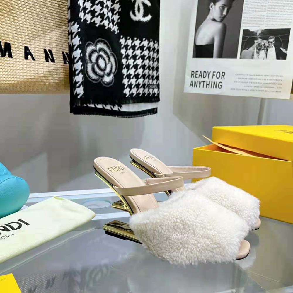 Fendi Women First White Sheepskin High-Heeled Sandals