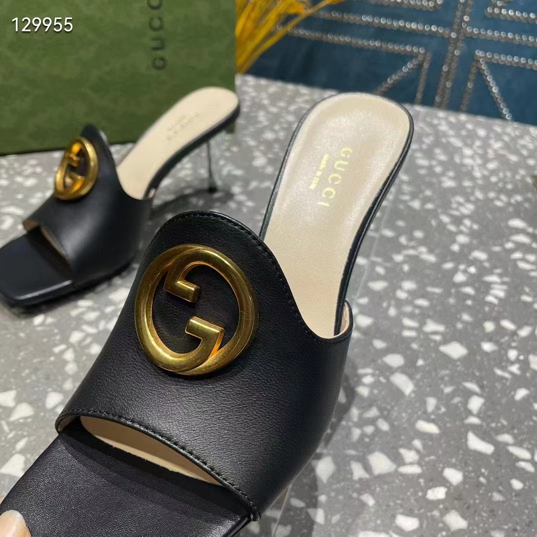 Gucci Women GG Blondie Slide Sandal Black Leather Metallic Mid Heel 6.6 Cm Heel