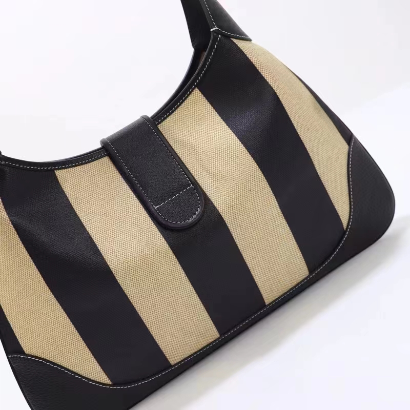 Gucci Women GG Aphrodite Medium Shoulder Bag Beige Black Cotton Canvas Black Leather