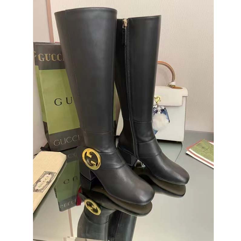 Gucci Blondie Women’s Blondie Boot Black Leather Round Interlocking G Low 5 Cm Heel