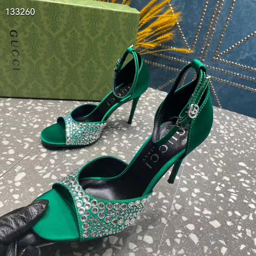 Gucci Women GG Mid-Heel Sandals Crystals Emerald Green Satin 11 CM Heel Double G