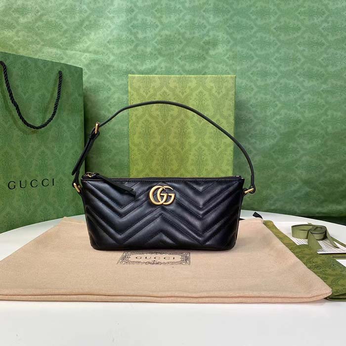 Gucci Women GG Marmont Shoulder Bag Black Matelassé Chevron Leather Double G