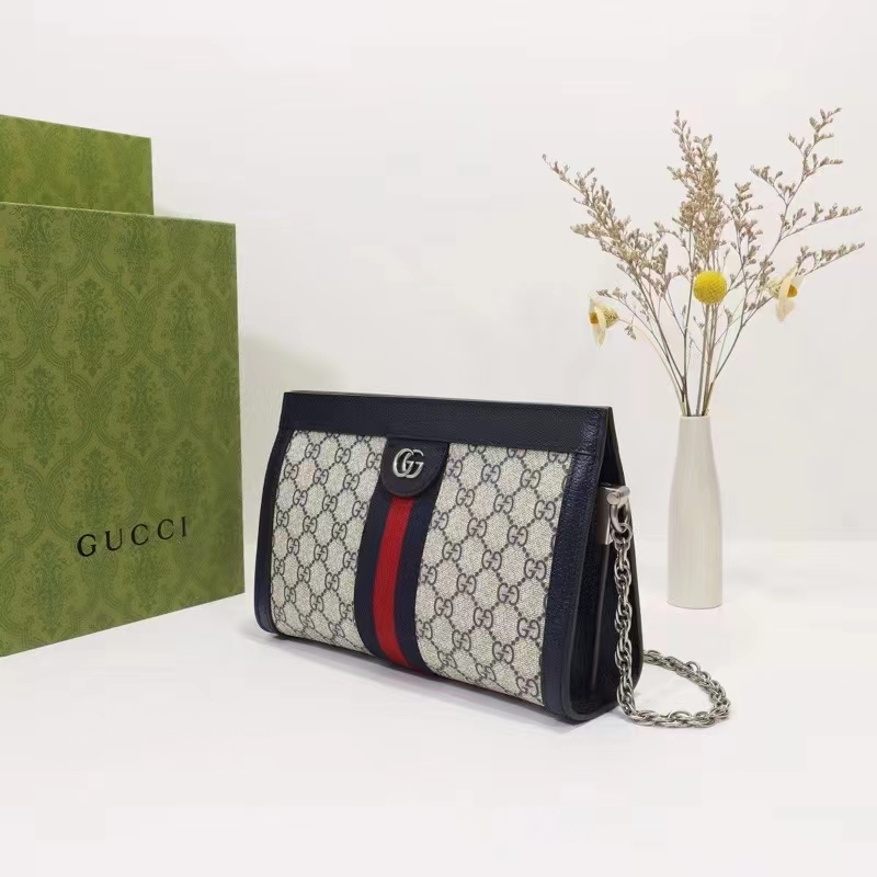 Gucci Women Ophidia GG Small Shoulder Bag Beige Blue GG Supreme Canvas