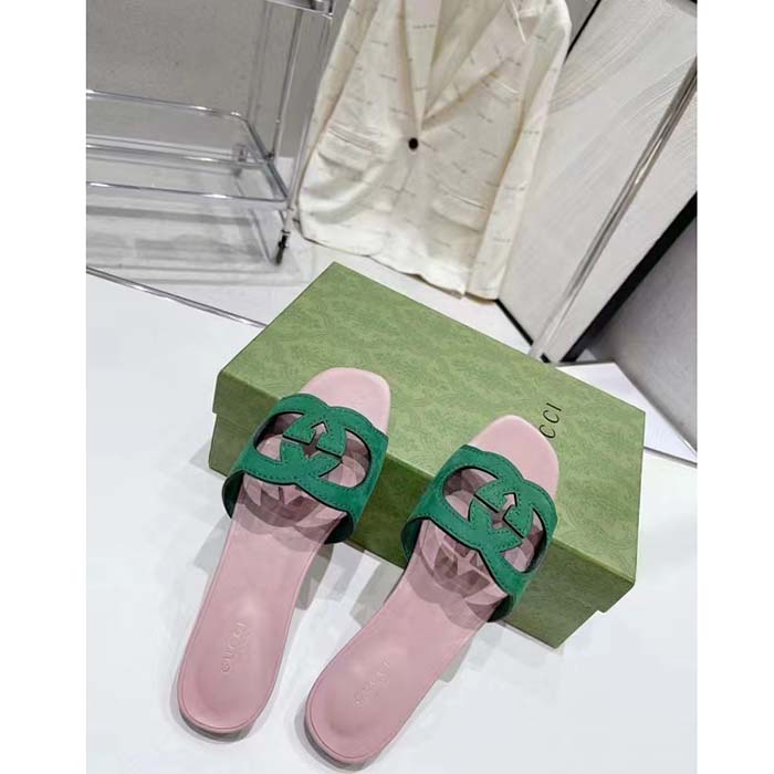 Gucci Unisex Interlocking G Cut-Out Slide Sandal Green Pink Suede Flat