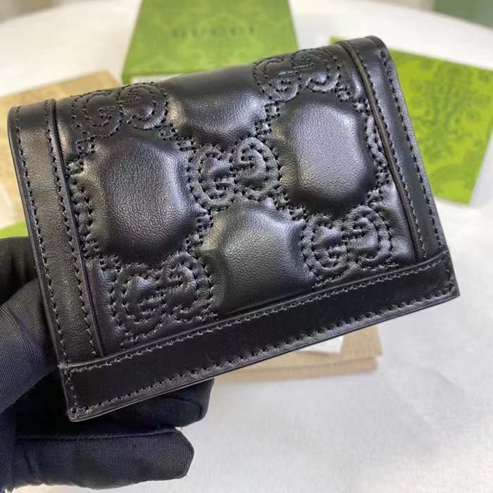 Gucci Unisex GG Marmont Card Case Wallet Black GG Matelassé Leather Double G