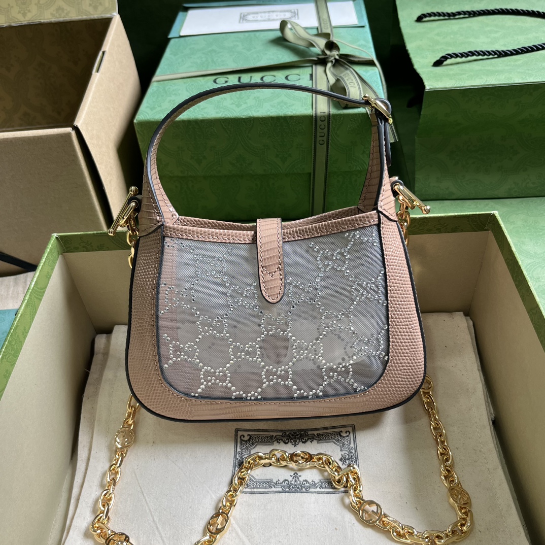 Gucci Women GG Jackie 1961 Mini Crystal GG Lizard Bag Powder Pink Mesh
