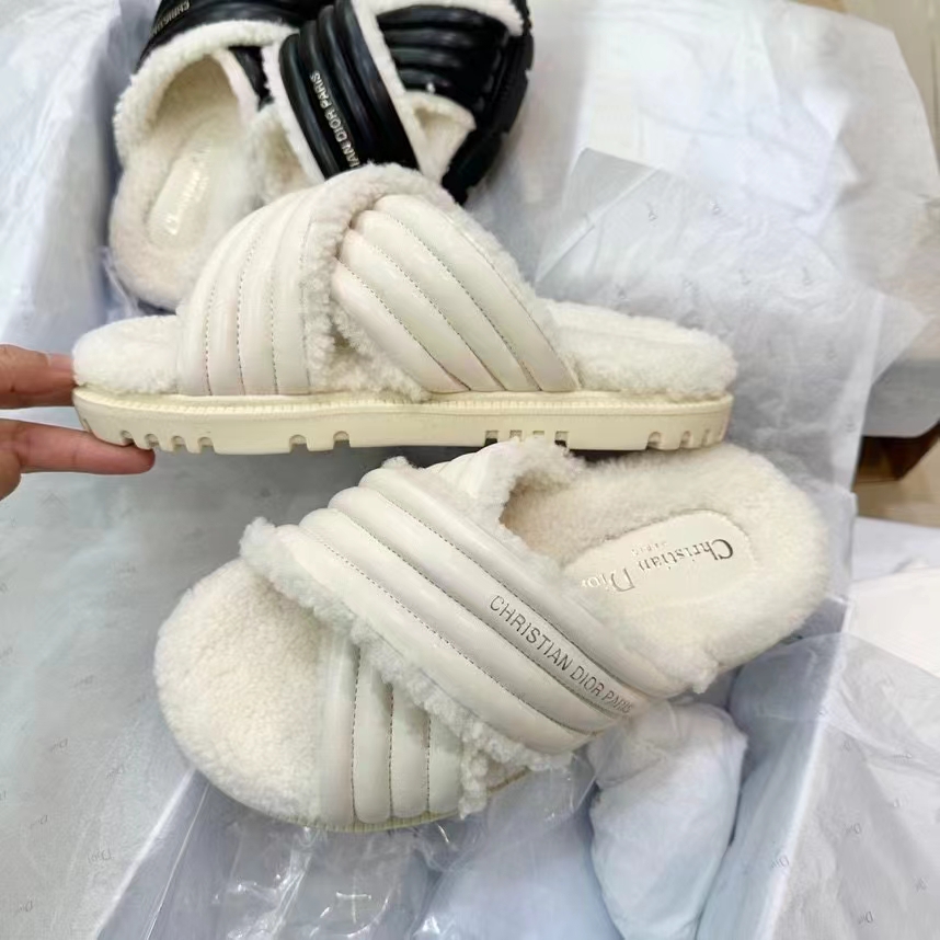 Dior Unisex CD D-Cross Slide Powder Beige Lambskin White Shearling