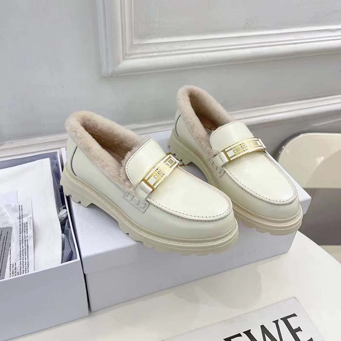 Dior Women Shoes CD Dior Code Loafer White Brushed Calfskin White Shearling