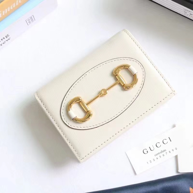 Gucci Unisex Horsebit 1955 Card Case Wallet White Leather Five Cards Slots