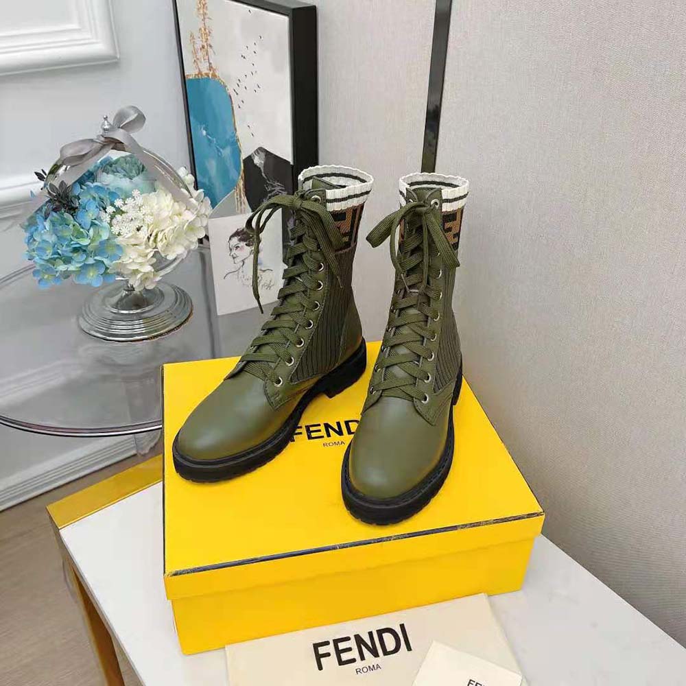 Fendi Women Rockoko Green Leather Biker Boots with Stretch Fabric