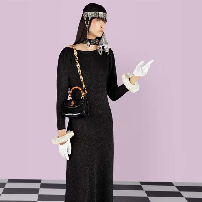 Gucci Women Bamboo 1947 Mini Top Handle Bag Black Patent Leather