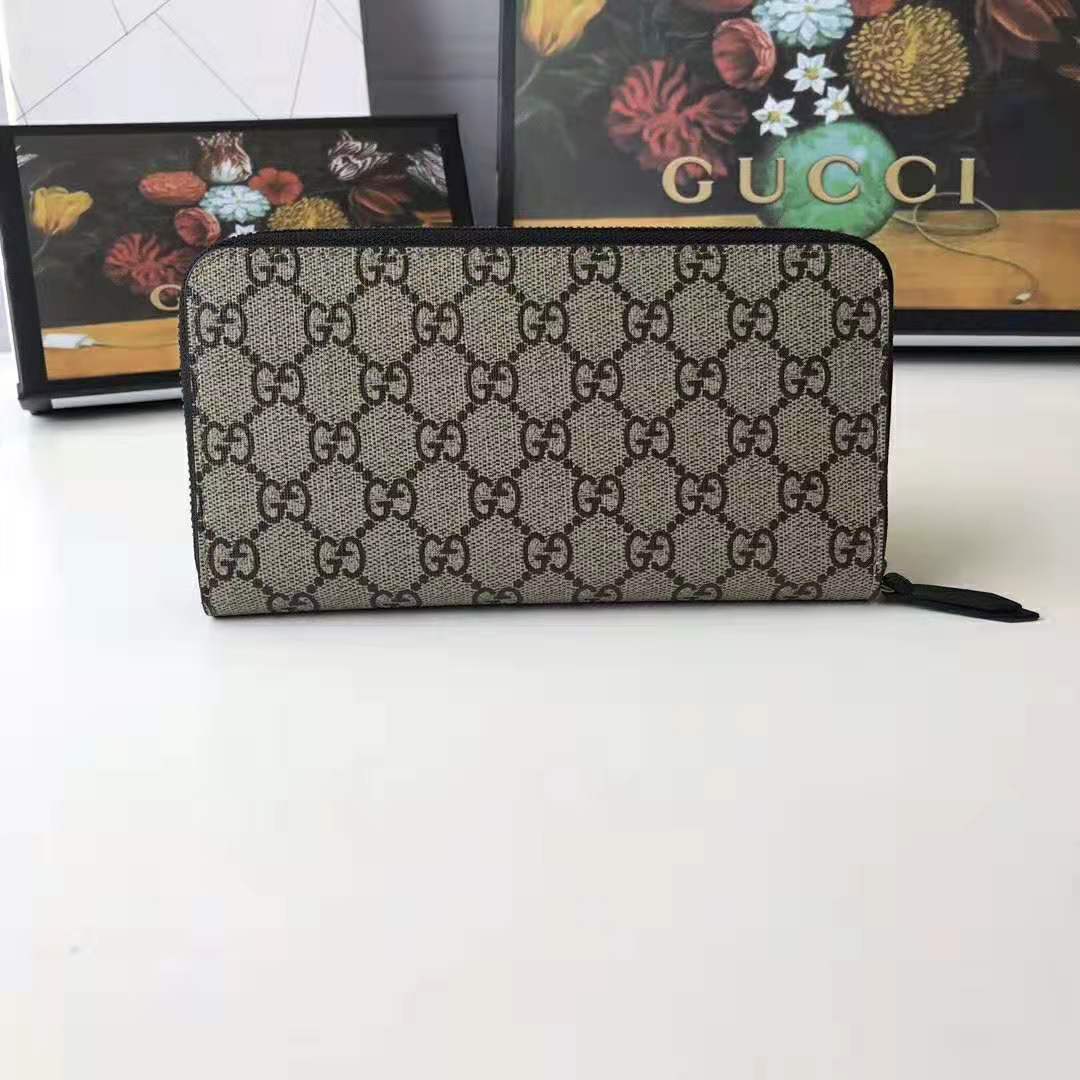Gucci GG Men Bee Print GG Supreme Zip Around Wallet in Beige/Ebony GG Supreme