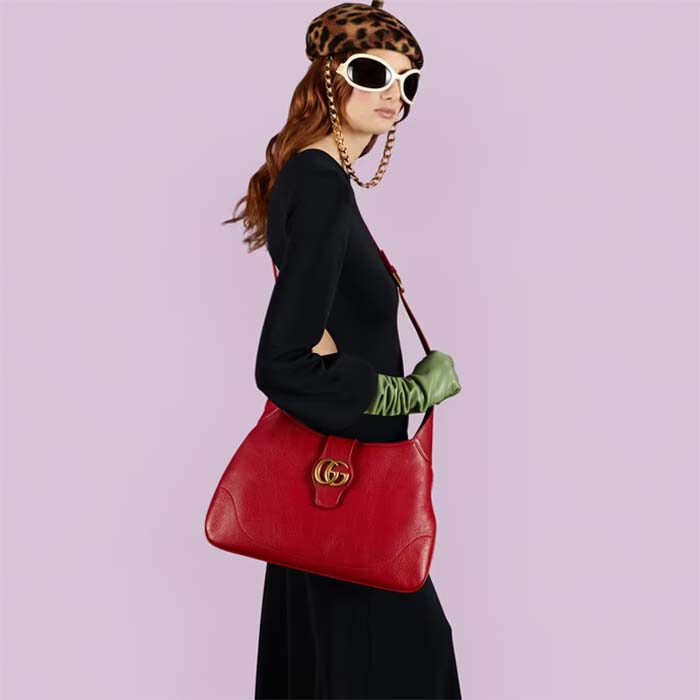 Gucci Women GG Aphrodite Medium Shoulder Bag Red Soft Leather Double G