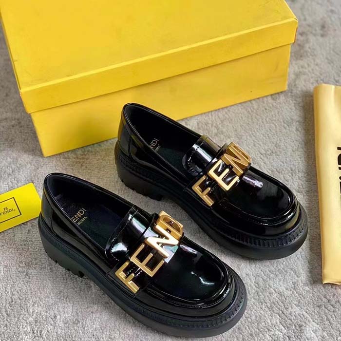 Fendi Women FF Fendigraphy Black Leather Loafers 5 Cm Heel