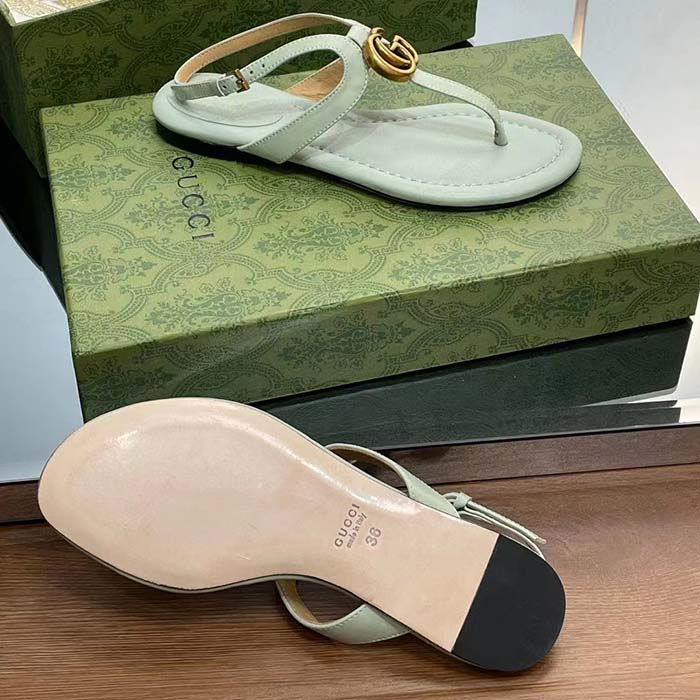 Gucci Women GG Double G Thong Sandal Light Green Leather Flat 0.5 CM Heel