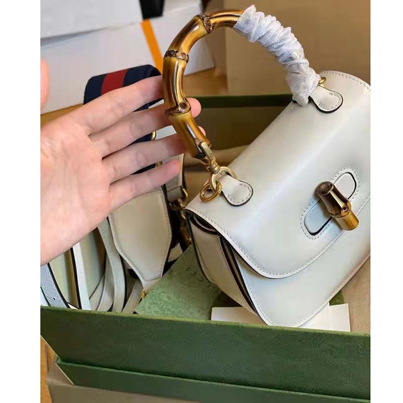 Gucci Women Gucci Bamboo 1947 Small Top Handle Bag White Leather Bamboo Hardware