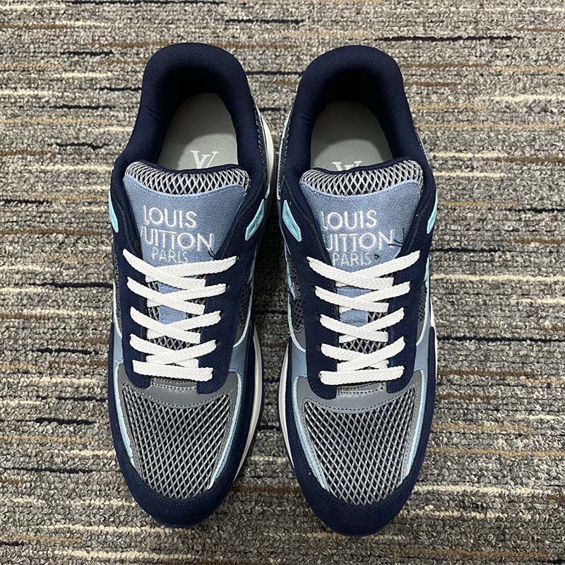 Louis Vuitton Unisex Run Away Sneaker Blue Mesh Suede Calf Leather Monogram Flowers