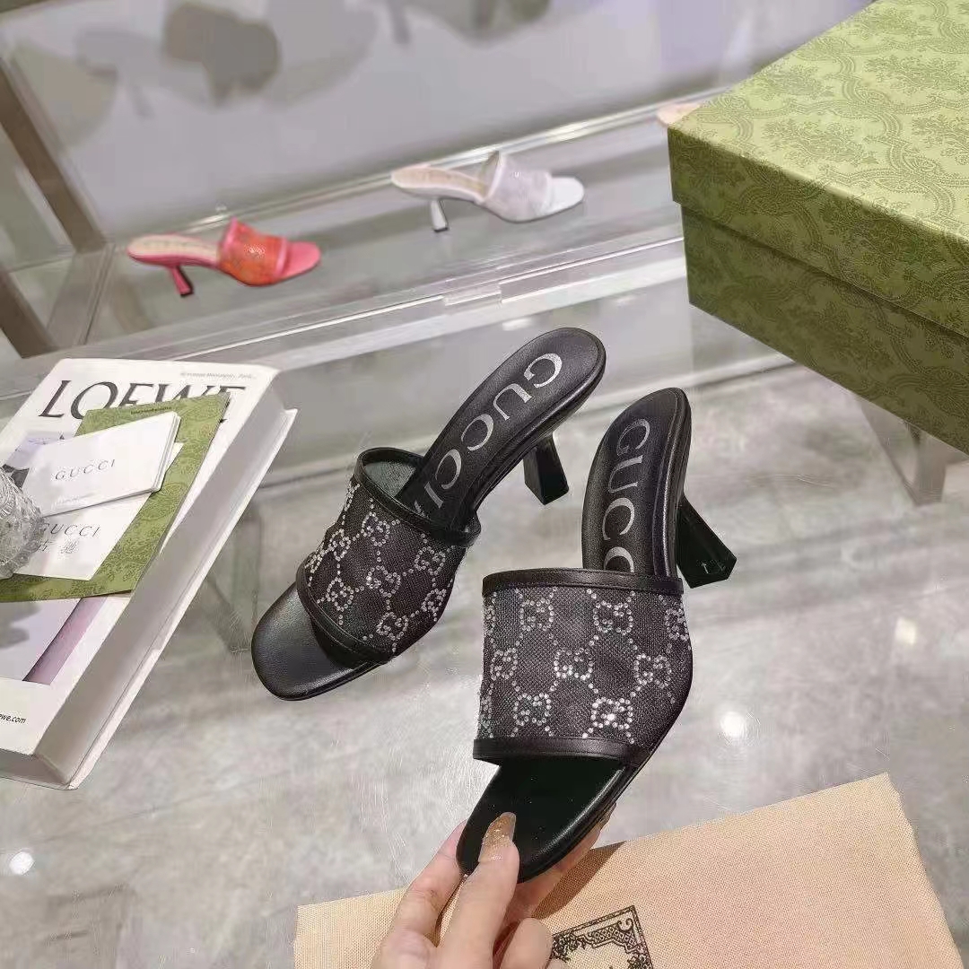 Gucci Women GG Mid Heel Slide Sandal Black GG Crystal Mesh 7.6 CM Heel