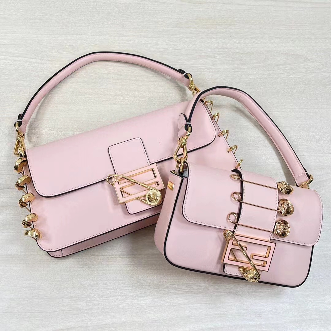 Fendi Women FF Brooch Mini Baguette Fendace Pink Leather Bag