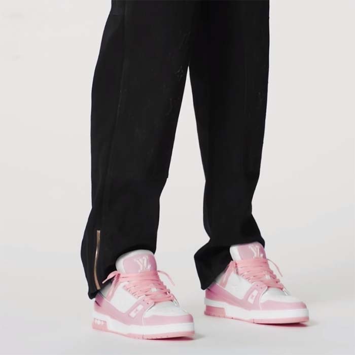 Louis Vuitton Unisex LV Trainer Sneaker Pink Mix Materials Rubber Initials Monogram Flowers