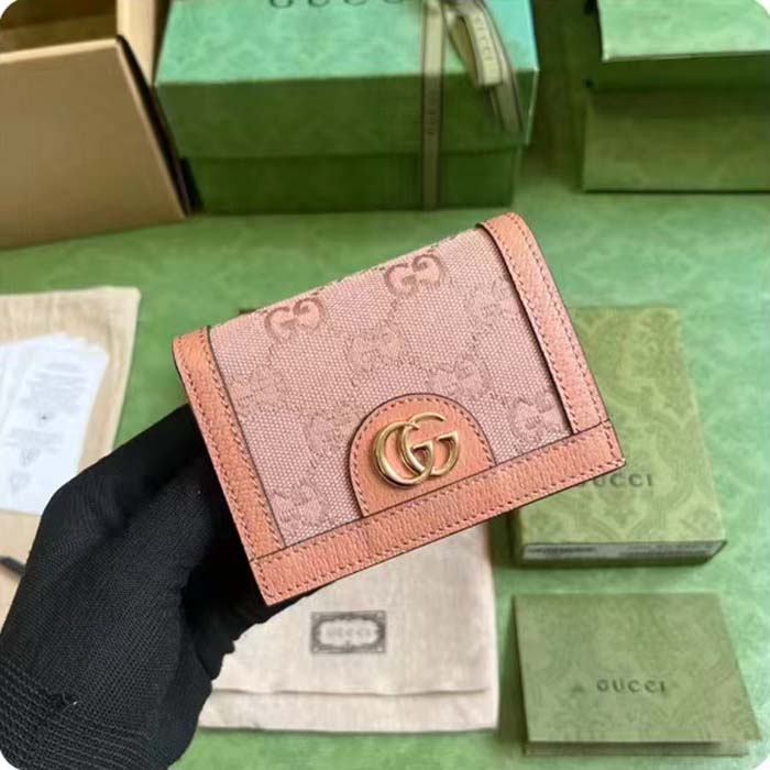 Gucci Unisex Ophidia GG Card Case Wallet Pink Canvas Leather Moiré Lining Double G