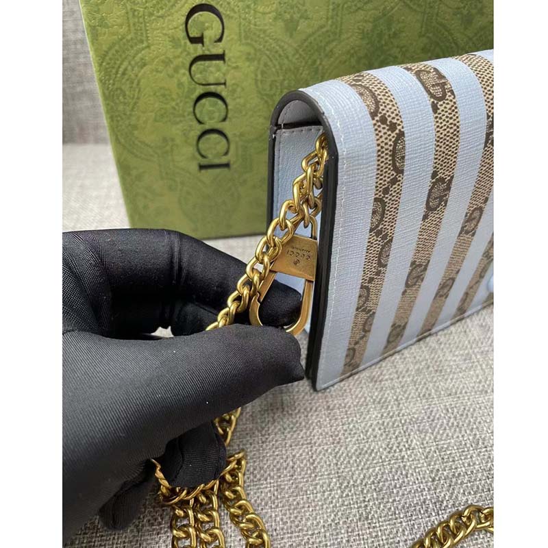 Gucci Women Double G Mini Bag Chain Blue Stripe Print Beige Ebony GG Supreme Canvas