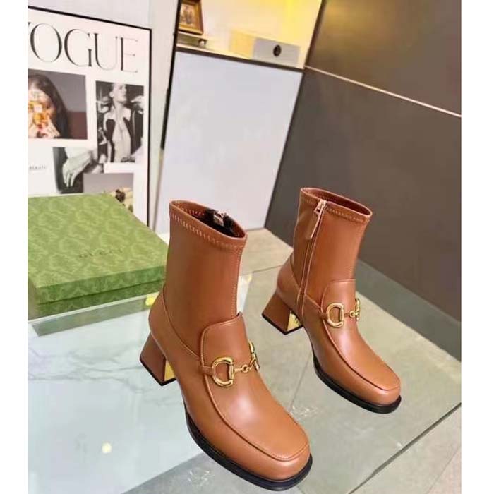 Gucci Women Boot Horsebit Brown Smooth Stretch Leather Gold Plated Block Mid Heel