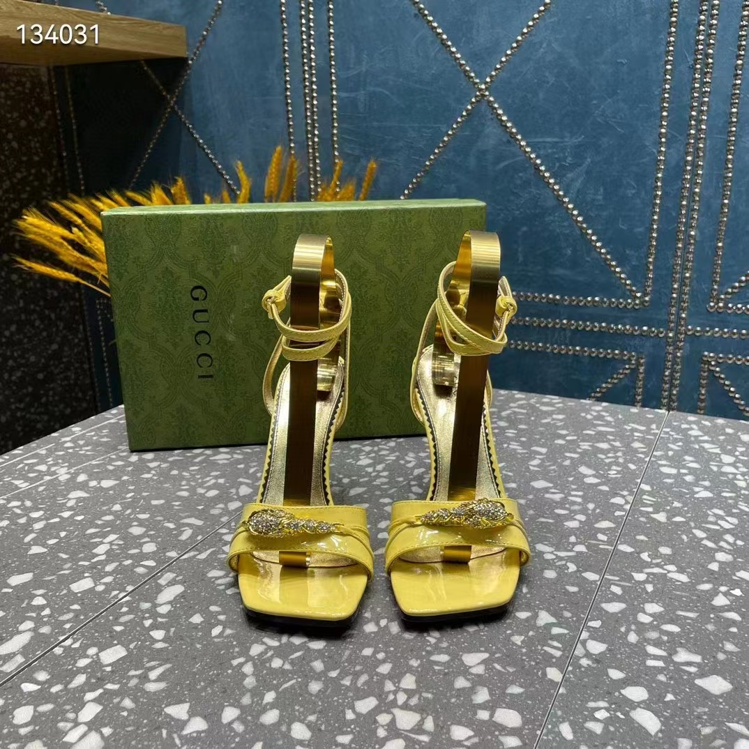 Gucci Women GG High-Heel Sandal Hardware Yellow Patent Leather Square Toe Geometric-Shaped Heel