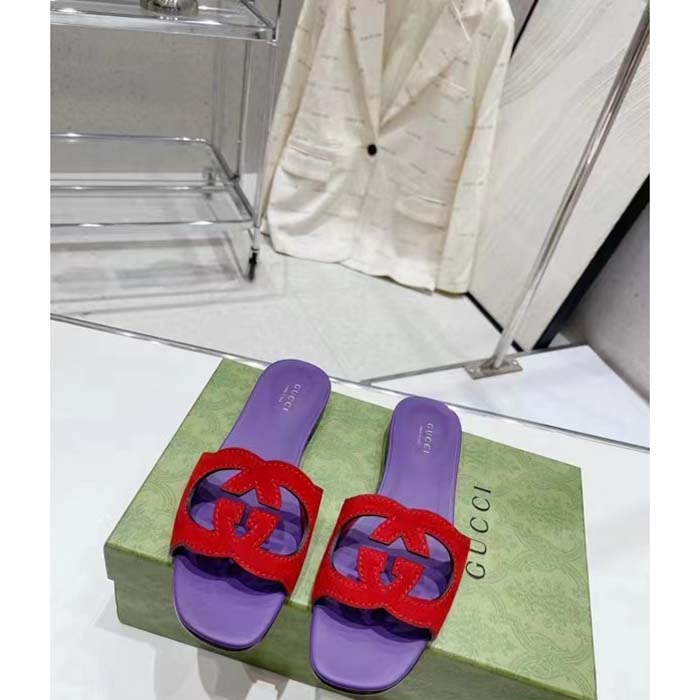 Gucci Unisex Interlocking G Cut-Out Slide Sandal Red Purple Suede Flat