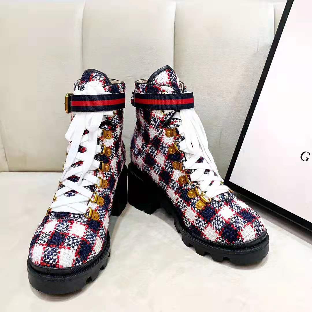 Gucci Women Gucci Zumi GG Check Tweed Ankle Boot in Blue White and Red