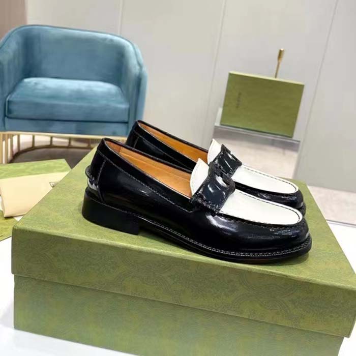 Gucci Unisex GG Interlocking G Loafer Black White Leather Sole Flat 1.5 CM Heel