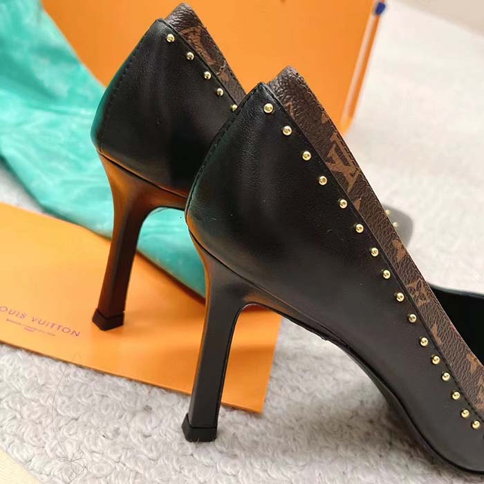 Louis Vuitton LV Women Signature Pump Black Calf Leather Patent Monogram Canvas 9.5 Cm Heel