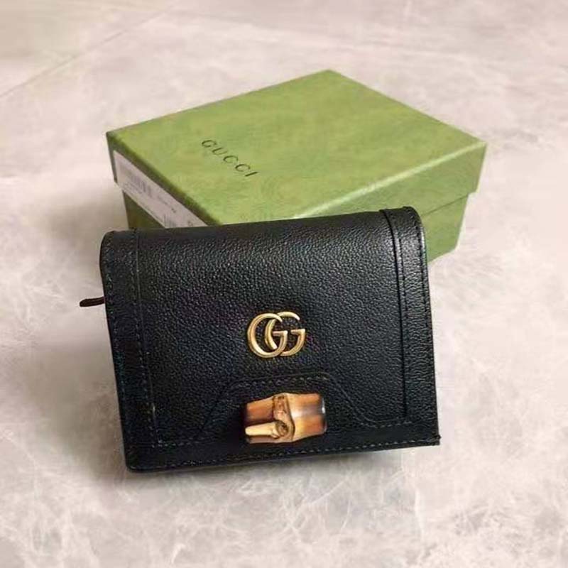 Gucci Women Gucci Diana Card Case Wallet Double G Black Leather