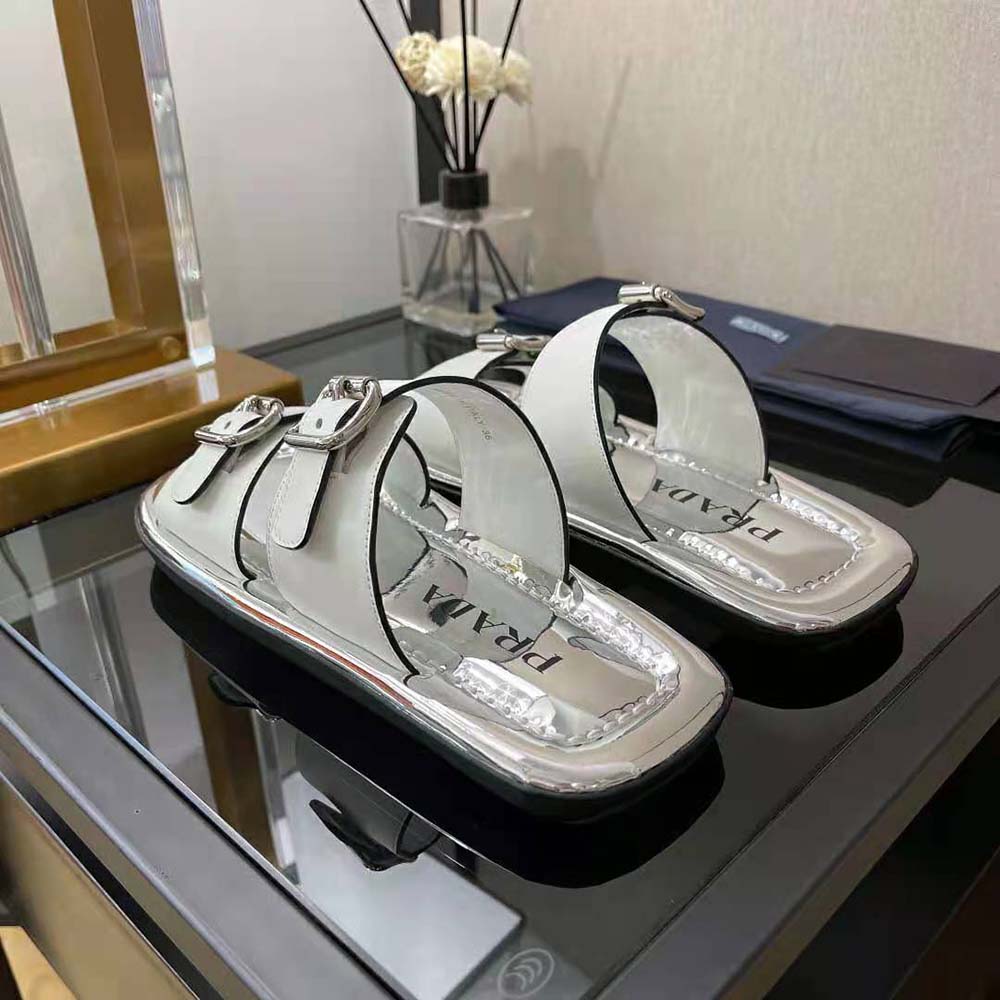 Prada Women Leather Sandals With Metal Buckle on the Upper-Silver