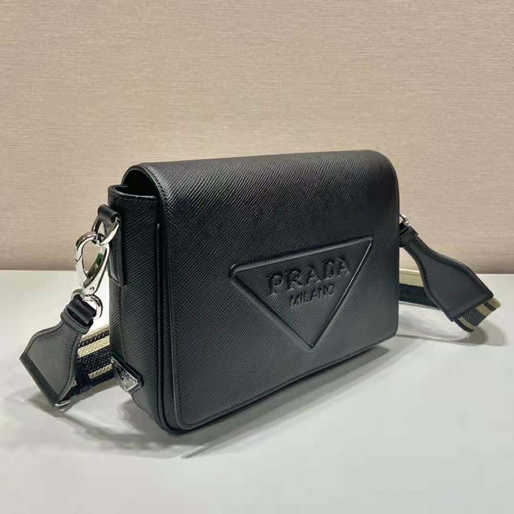Prada Women Saffiano Leather Shoulder Bag with Sleek-Black