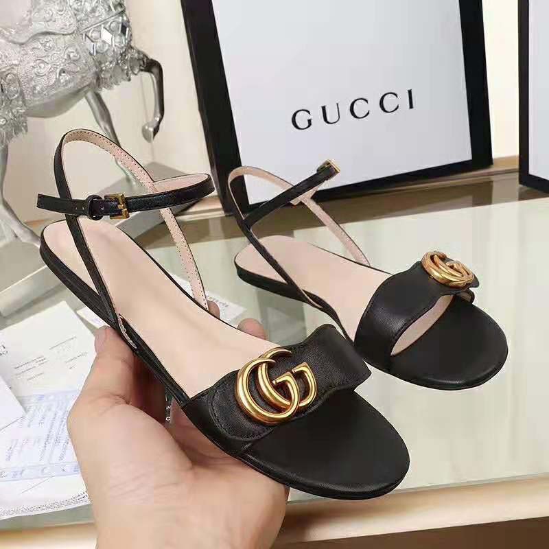 Gucci Women Leather Sandal with Double G-Black