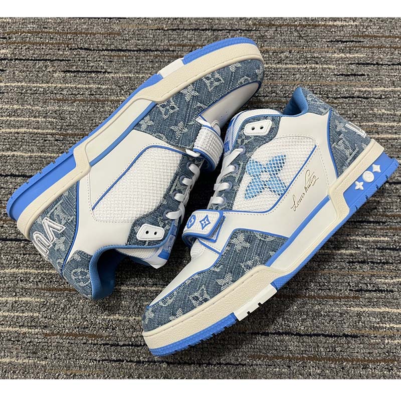 Louis Vuitton Unisex LV Trainer Sneaker Blue Monogram Denim Rubber Monogram Flowers