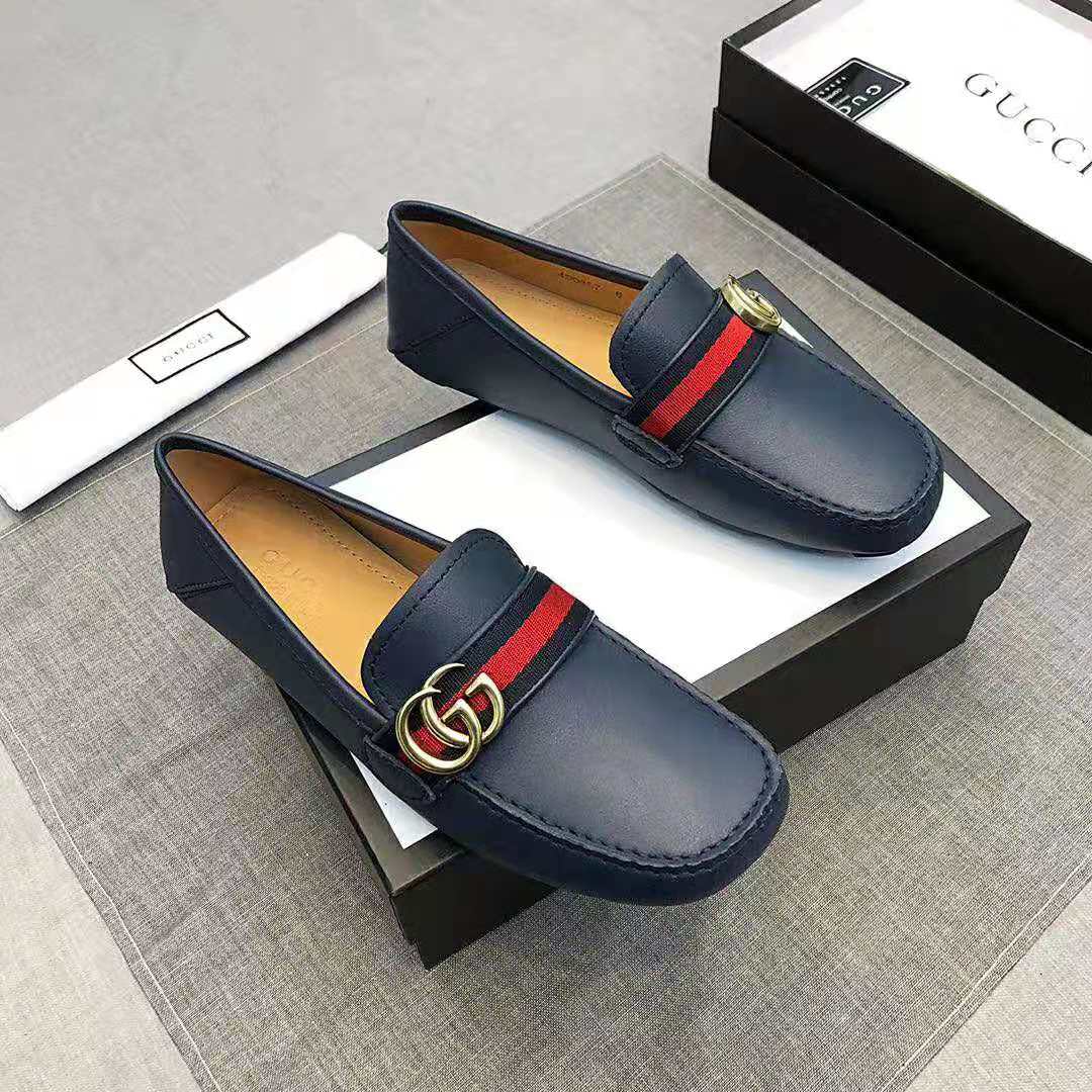 Gucci Men Leather Driver with Web-Navy