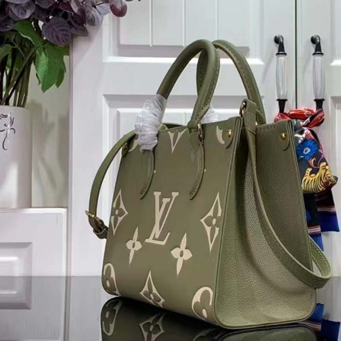 Louis Vuitton LV Women Onthego PM Light Khaki Cream Monogram Empreinte Embossed Grained Cowhide Leather
